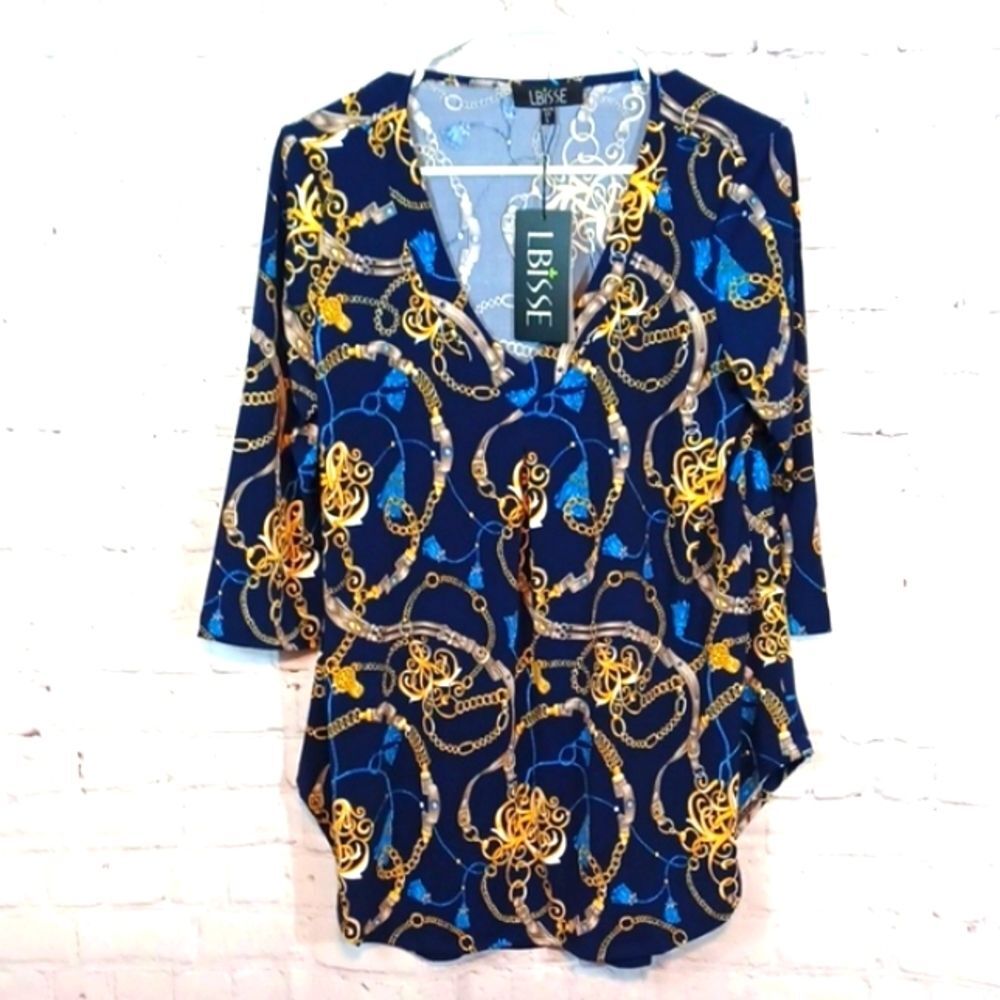 Woman's L Bisse  Blue Print Stretch   Short Sleeve Top L NWT